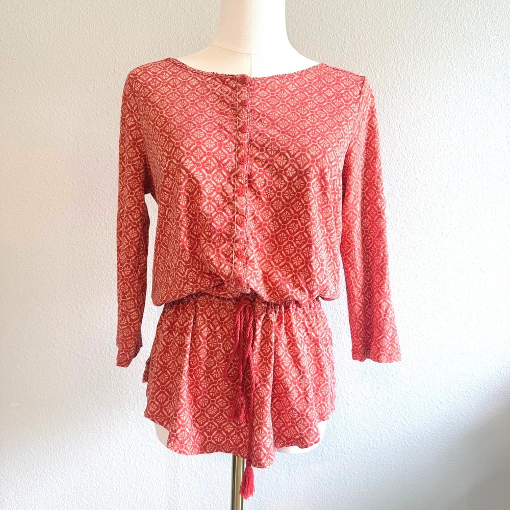 Lauren Ralph Lauren Orange Geometric Cotton Tassel Drawstring Tunic Top Size M